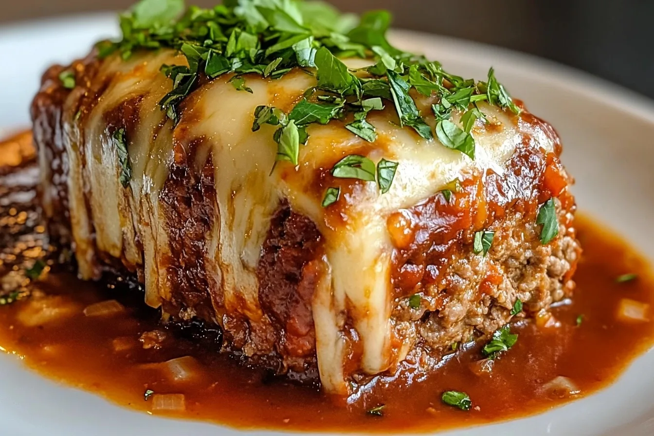 Italian meatloaf with tomato sauce, cheese, and basil.