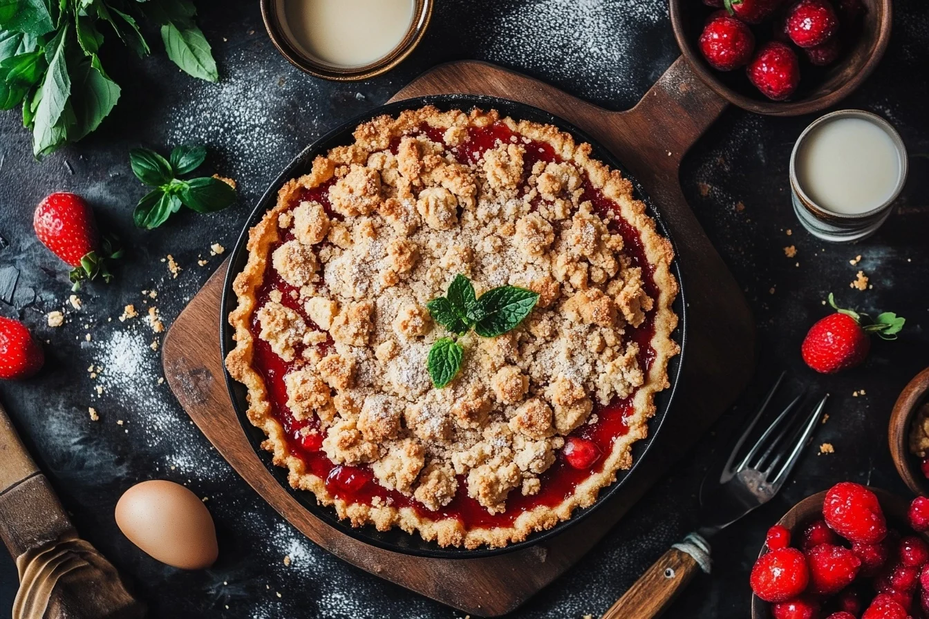 Strawberry crumble pie with fresh strawberries