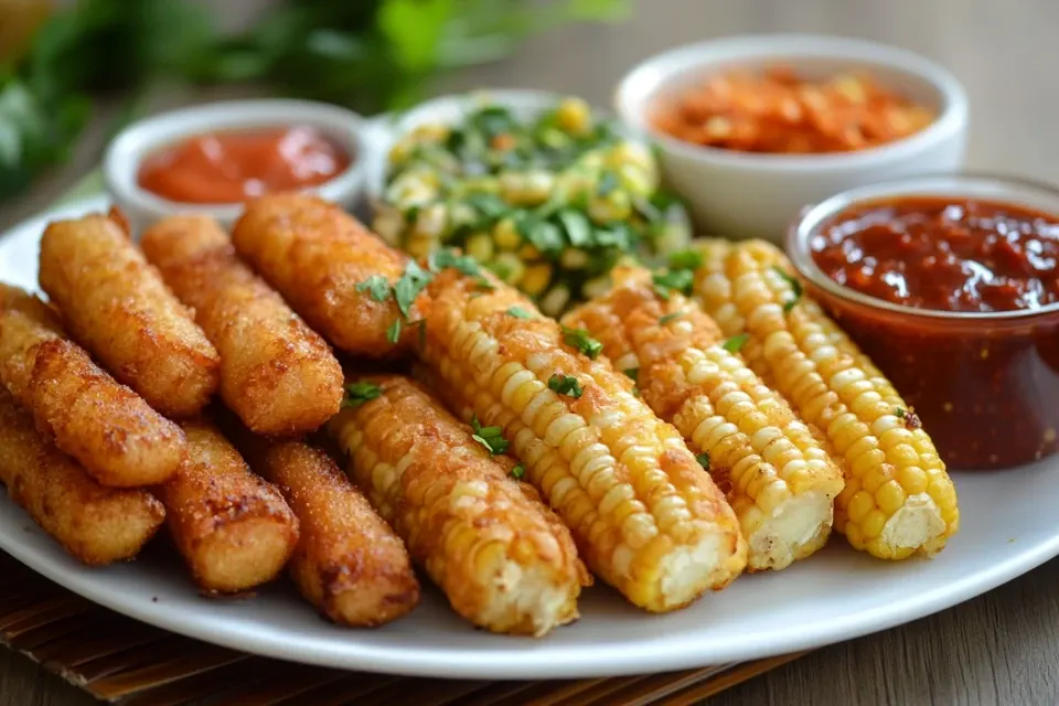 Baby corn with various sauces and toppings