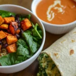 Delicious Gluten Free Lunch Recipes :for Every Occasion 13 A healthy gluten-free lunch with quinoa, roasted sweet potatoes, black beans, spinach, a wrap, and soup.