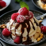 Creami Recipes: Easy, Delicious Ideas to Try at Home 9 Creamy dessert with raspberries and chocolate sauce.