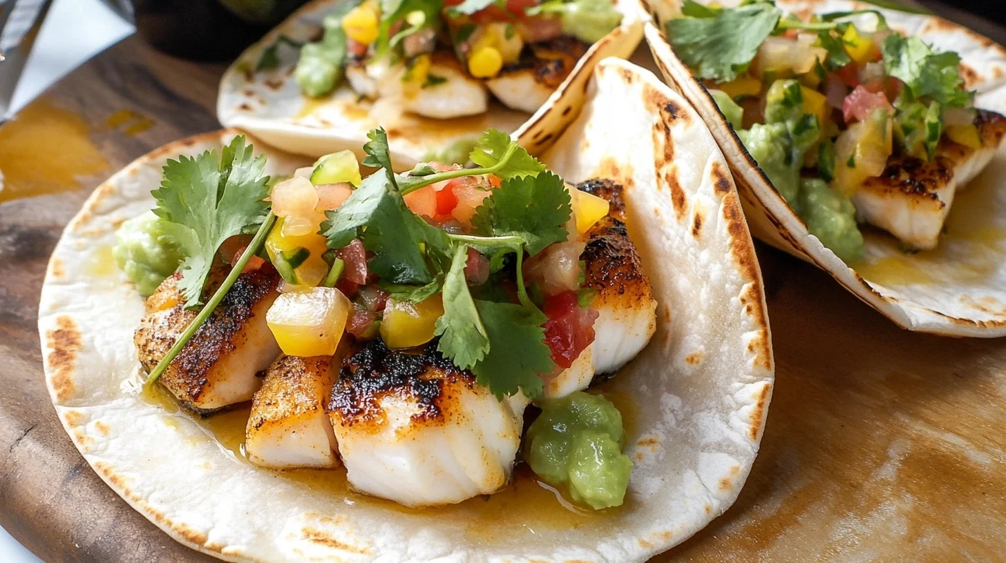 Gourmet fish tacos with avocado.