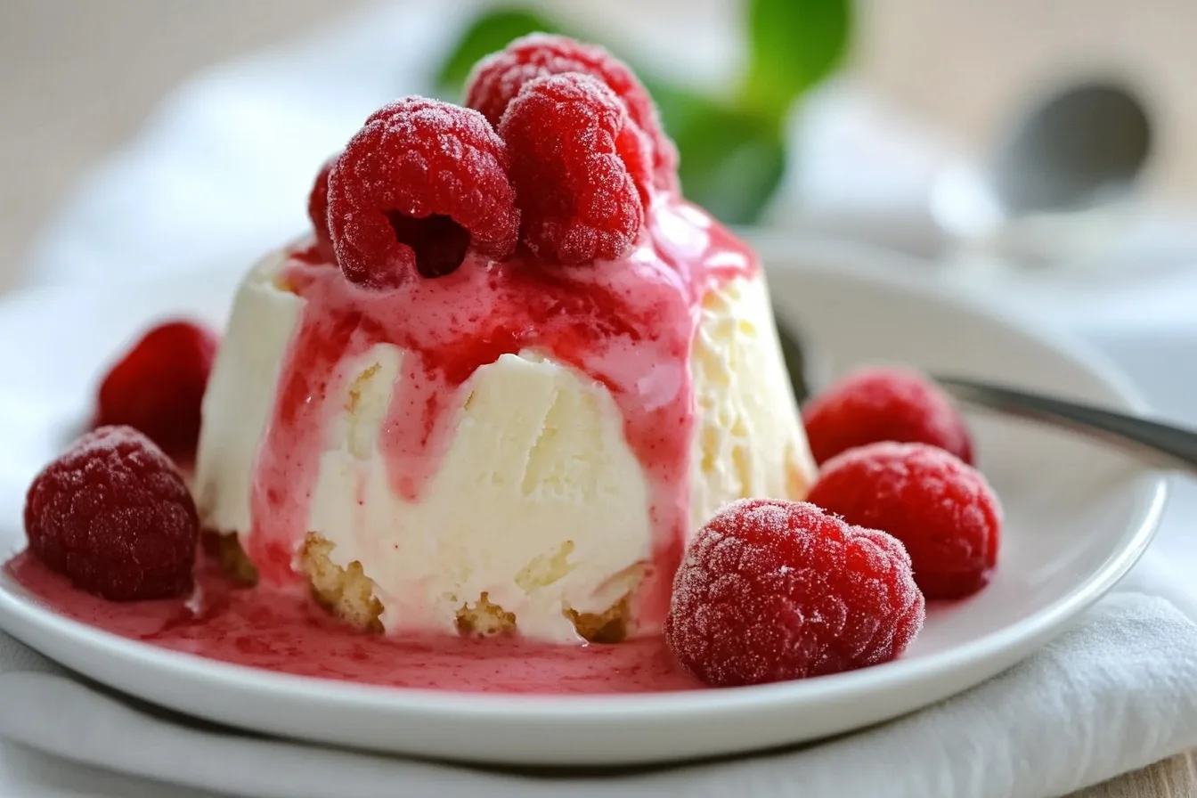 Dessert with Raspberries and Raspberry Sauce