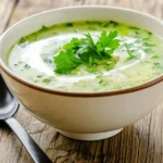 What is Green Soup Made Of: An In-Depth Look at Ingredients, Benefits, and Varieties 7 A vibrant green soup served in a white bowl with a brown rim, garnished with fresh parsley leaves and a swirl of coconut milk, placed on a rustic wooden table beside a matte black spoon.