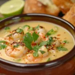 What is the Most Delicious Soup in the World 9 "Tom Yum soup with shrimp, cilantro, lime slices, and chili peppers in a brown bowl, with fresh bread in the background."