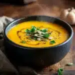 Crockpot Butternut Squash Soup – A Cozy, Flavorful Comfort Dish 11 A steaming bowl of creamy butternut squash soup garnished with pumpkin seeds, parsley, black pepper, and olive oil in a rustic black bowl.