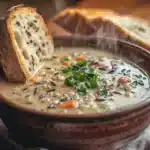 Autumn Wild Rice Soup – The Coziest Fall Comfort Dish 9 A steaming bowl of creamy wild rice and vegetable soup garnished with parsley, served with a slice of rustic bread.
