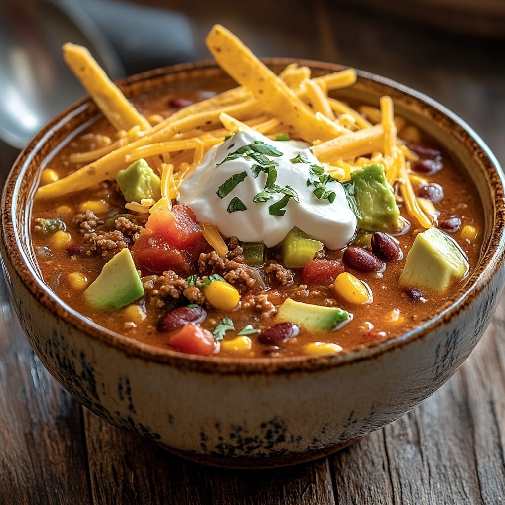 Taco Soup Recipe: A Flavorful One-Pot Comfort Meal 12 Bowl of beef and bean chili topped with avocado, cheese, tortilla strips, and sour cream.