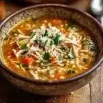 Best Italian Penicillin Soup Recipe | Quick & Soothing Cure 11 Bowl of chicken couscous soup with shredded chicken, carrots, celery, and fresh parsley, topped with grated cheese.