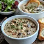 Creamy chicken mushroom wild rice soup with thyme, bread, and salad on a rustic table.