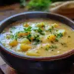 Hearty Cheddar Garlic Herb Potato Soup Recipe 9 A steaming bowl of creamy rustic potato soup with tender potato chunks, garnished with fresh parsley, served in a dark bowl on a wooden table