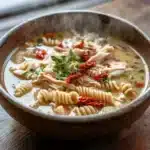 Marry Me Chicken Soup – The Best Cozy Recipe You’ll Ever Try 9 Creamy Tuscan chicken rotini soup with shredded chicken, rotini pasta, sun-dried tomatoes, and fresh parsley in a rustic ceramic bowl.