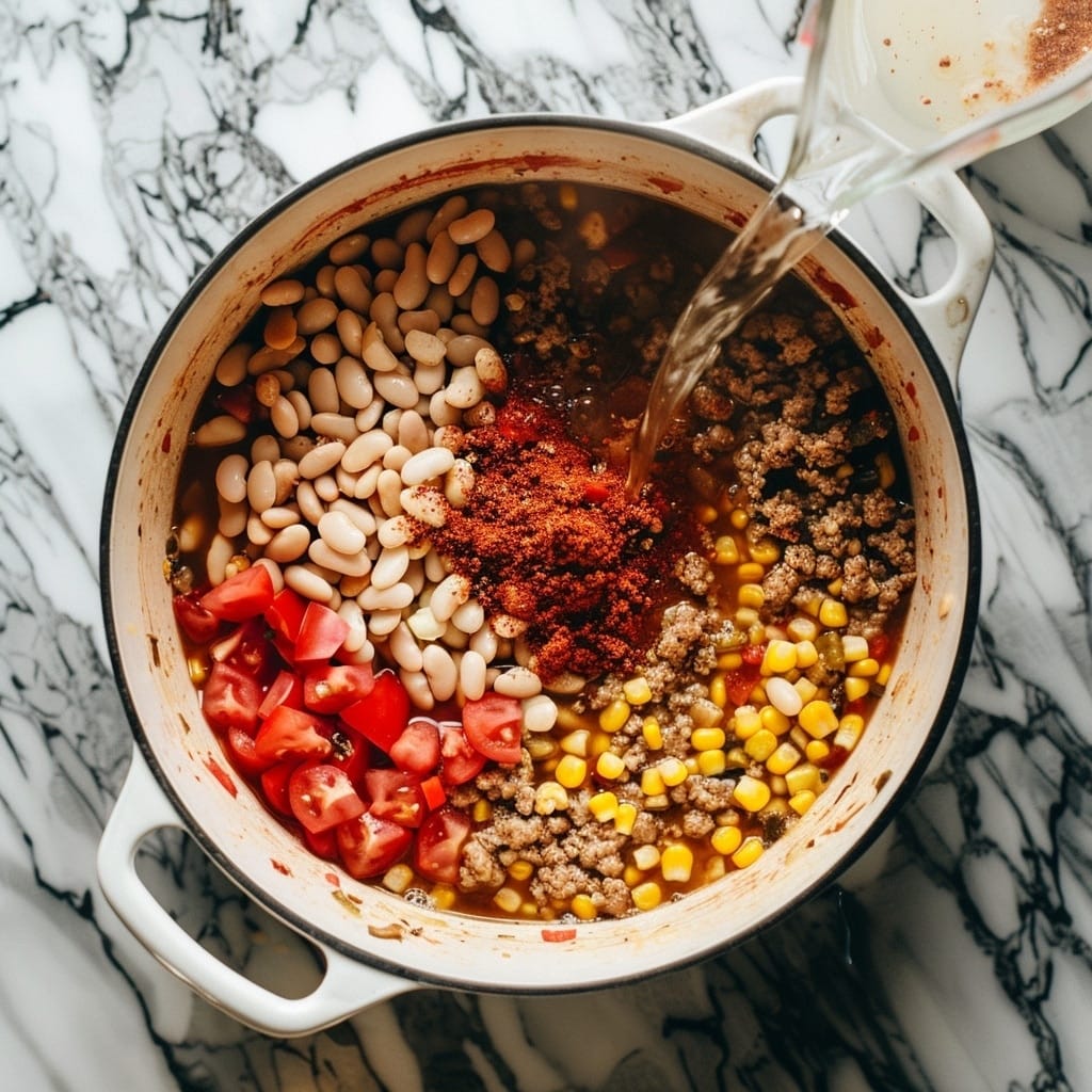 Taco Soup Recipe: A Flavorful One-Pot Comfort Meal 10 Dutch oven with ground beef, white beans, corn, tomatoes, chili powder, and broth being poured in to make chili.
