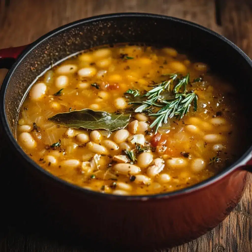 Hearty Tuscan White Bean Soup Recipe 9 A rustic pot of Tuscan white bean soup with fresh herbs, garlic, and bay leaf in a savory broth, served in a cast iron pot on a wooden table.