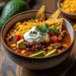 Taco Soup Recipe: A Flavorful One-Pot Comfort Meal 13 Bowl of chili with beans, corn, avocado, cheese, tortilla chips, and sour cream garnish.