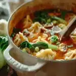 Potsticker Soup: The Ultimate Comfort Food for Every Season 9 Close-up of potsticker soup simmering in a Dutch oven with dumplings, bok choy, mushrooms, and green onions in a rich broth.