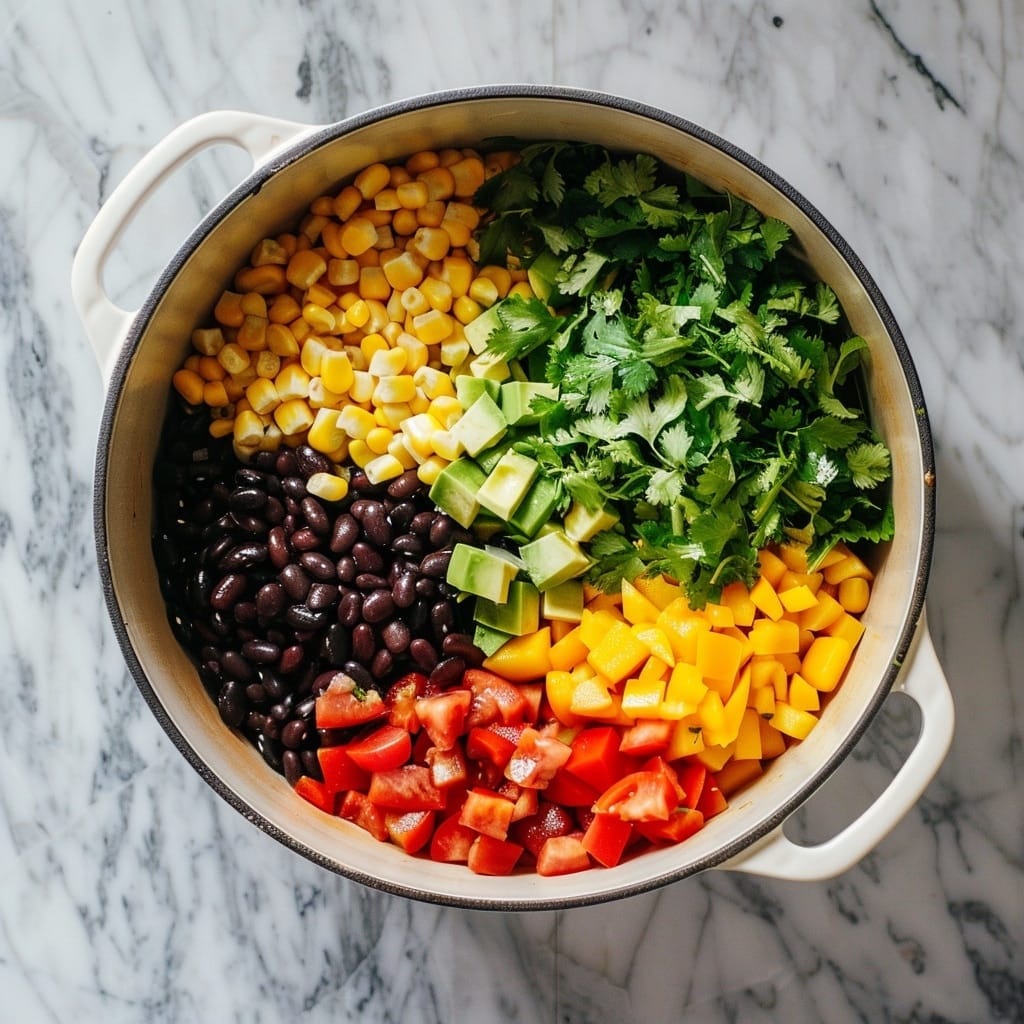 Taco Soup Recipe: A Flavorful One-Pot Comfort Meal 9 Large pot filled with pinto beans, black beans, corn, and diced tomatoes with green chilies, ready to simmer into chili.