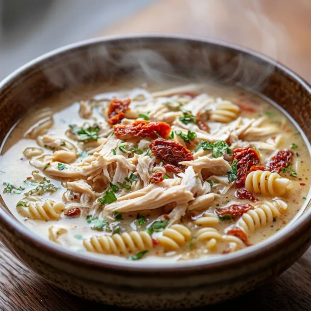 Marry Me Chicken Soup – The Best Cozy Recipe You’ll Ever Try 8 A steaming bowl of Tuscan chicken rotini soup with shredded chicken, spiral pasta, sun-dried tomatoes, and fresh parsley in a rich golden broth.
