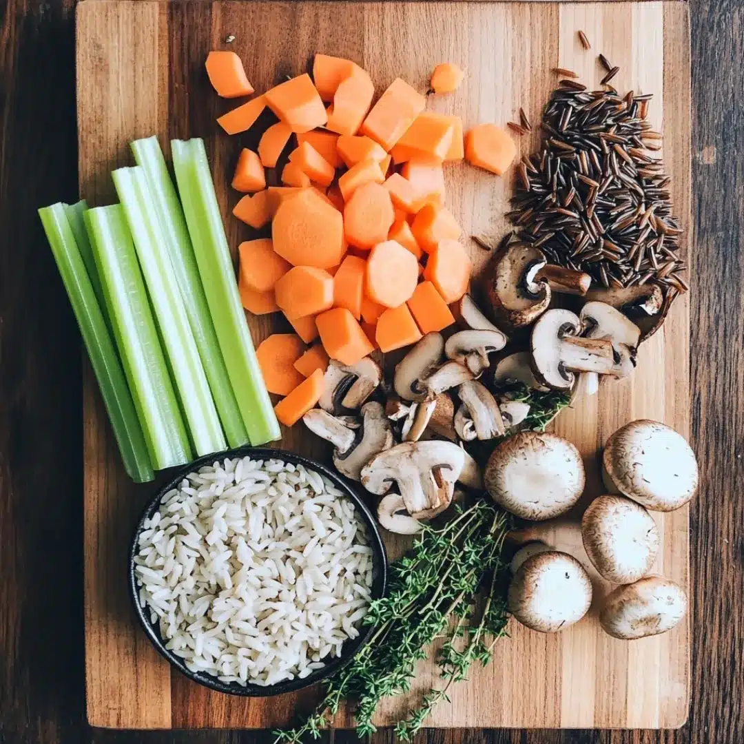 Autumn Wild Rice Soup – The Coziest Fall Comfort Dish 6 ngredients for autumn wild rice soup with vegetables and herbs