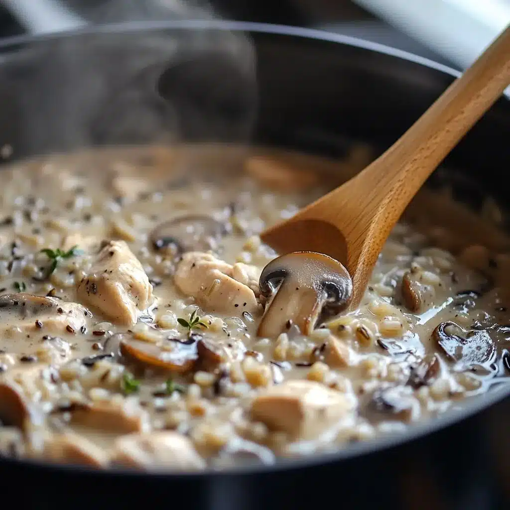 Creamy mushroom chicken and wild rice soup simmering in a pot
