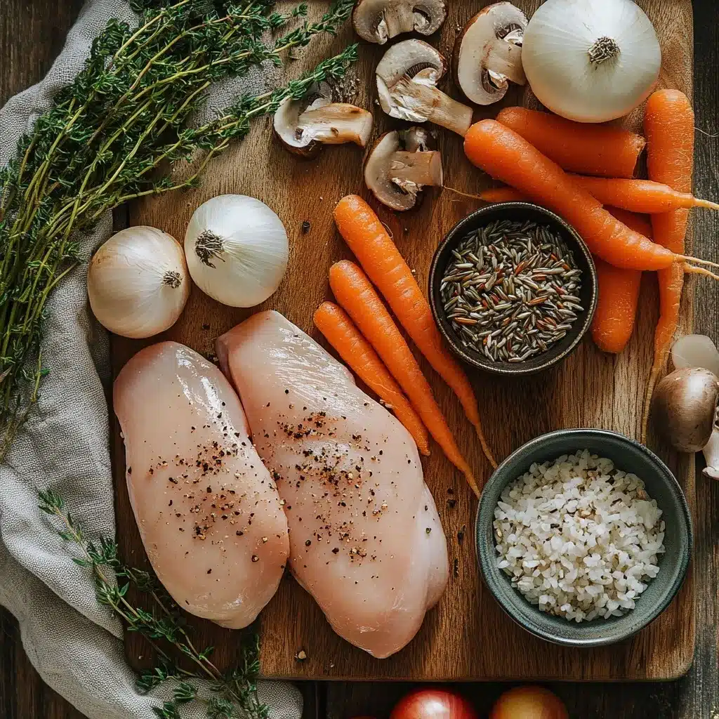 Ingredients for creamy mushroom chicken and wild rice soup