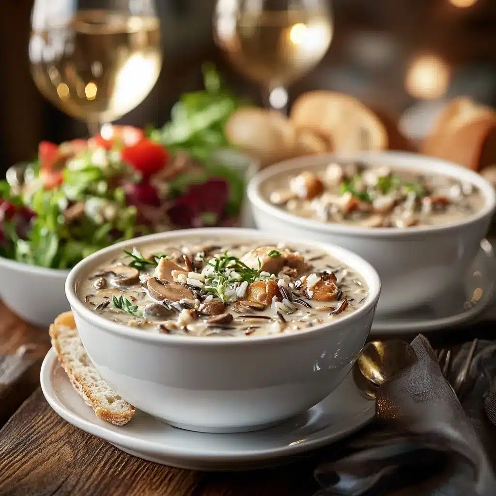 Creamy mushroom chicken and wild rice soup served with bread and salad