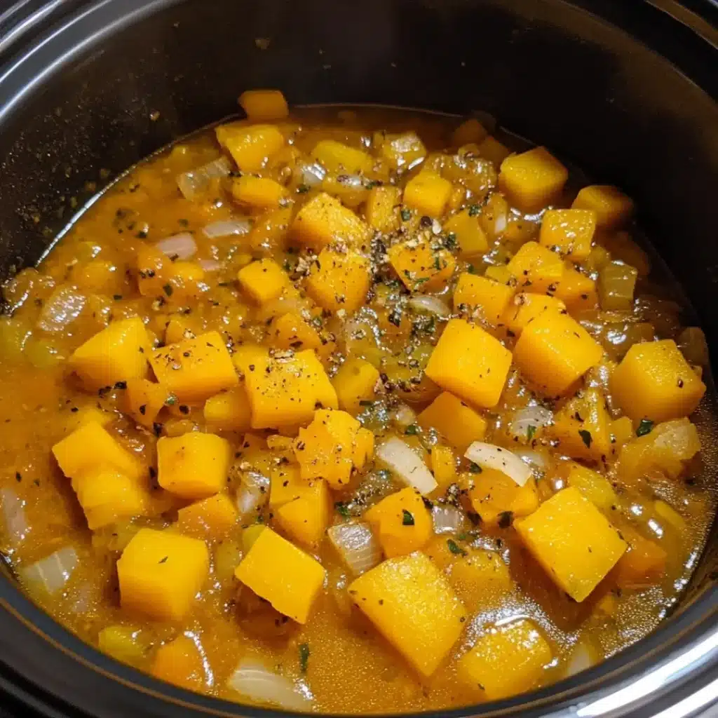 Crockpot Butternut Squash Soup – A Cozy, Flavorful Comfort Dish 9 : Cubes of fresh butternut squash and chopped onions in a slow cooker, ready to be transformed into a creamy homemade soup.
