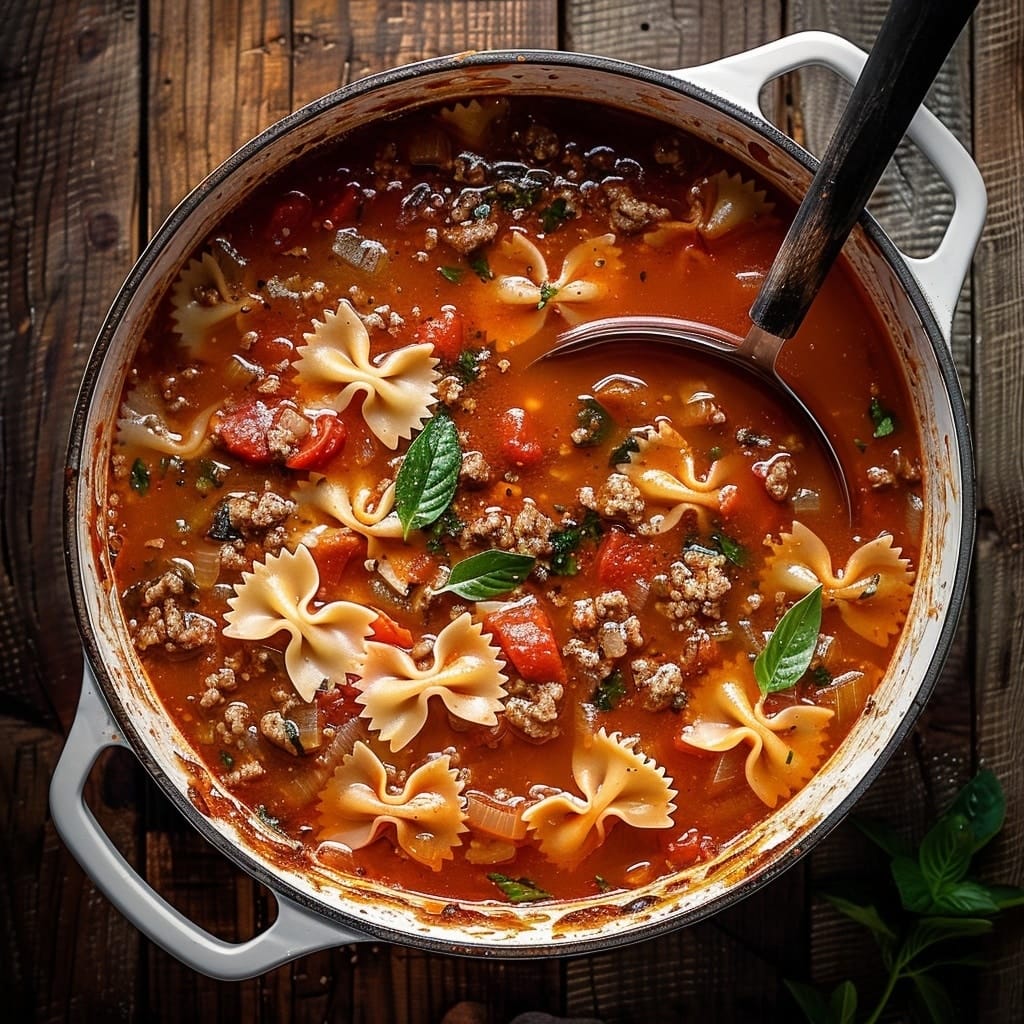 Lasagna Soup – The Ultimate Guide to a Hearty Comfort Recipe 12 Hearty lasagna soup with pasta, beef, and herbs in a Dutch oven