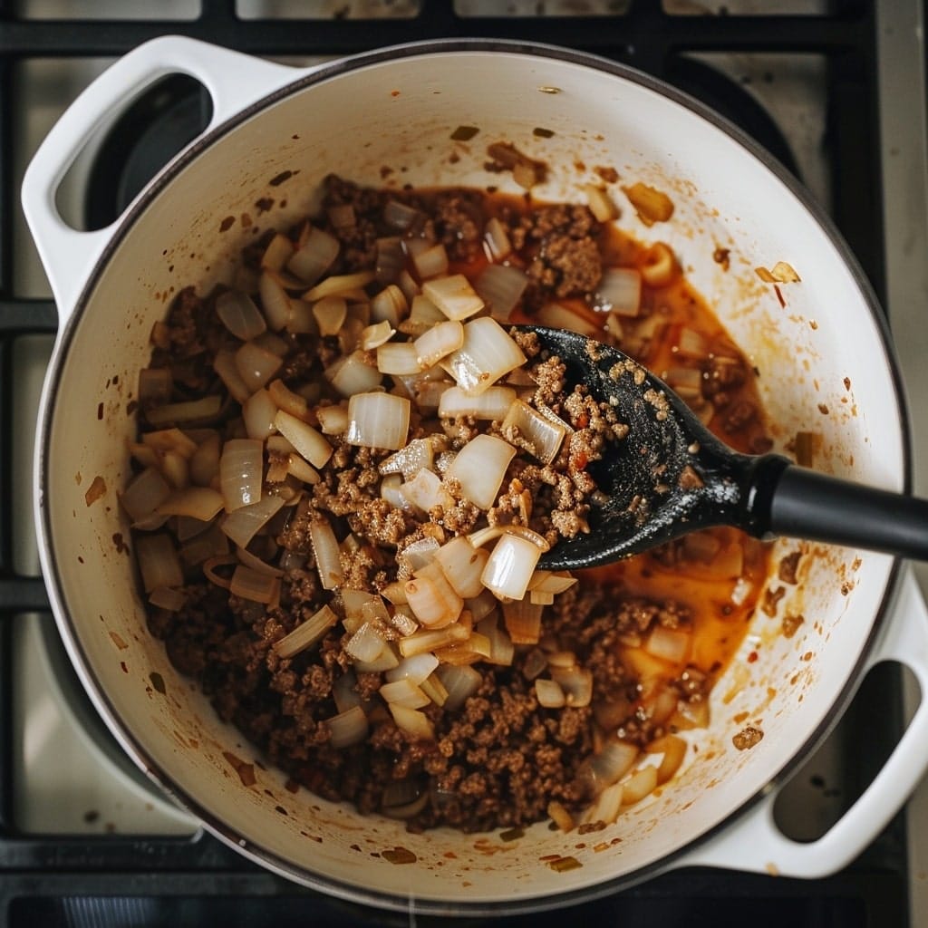 Lasagna Soup – The Ultimate Guide to a Hearty Comfort Recipe 9 Ground beef and onions browning in a Dutch oven for lasagna soup