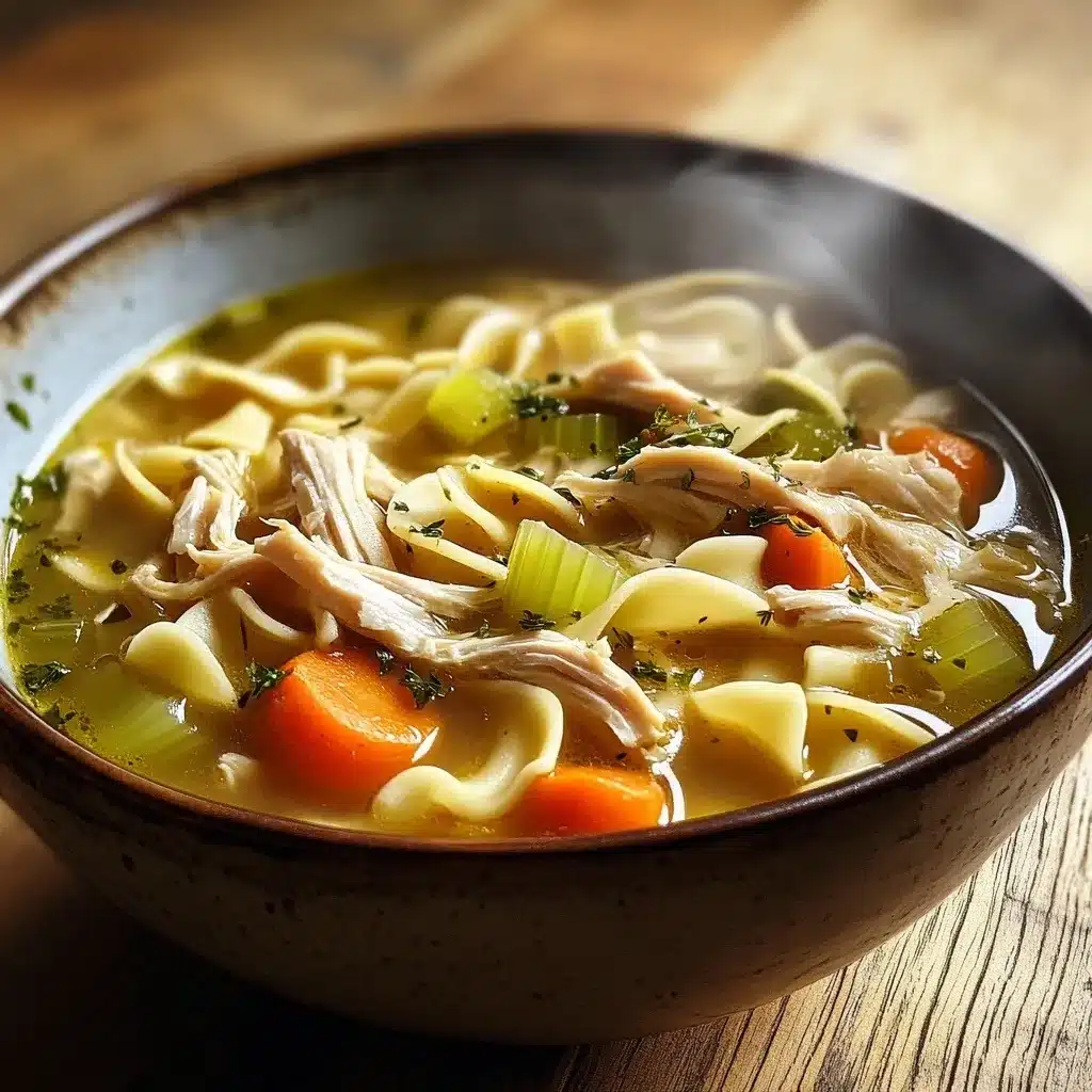 Steaming bowl of chicken noodle soup with egg noodles, carrots, celery, and parsley garnish