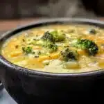 Close-up of creamy high protein broccoli cheddar soup with melted cheddar and broccoli florets in a dark bowl