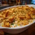 Million Dollar Chicken Casserole with golden buttery cracker topping and creamy chicken filling