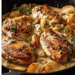 Creamy Apple Cider Chicken Skillet — A Cozy, Comforting Fall Recipe 9 Golden brown chicken thighs in a creamy thyme sauce with caramelized onions, garnished with fresh thyme sprigs in a rustic skillet.