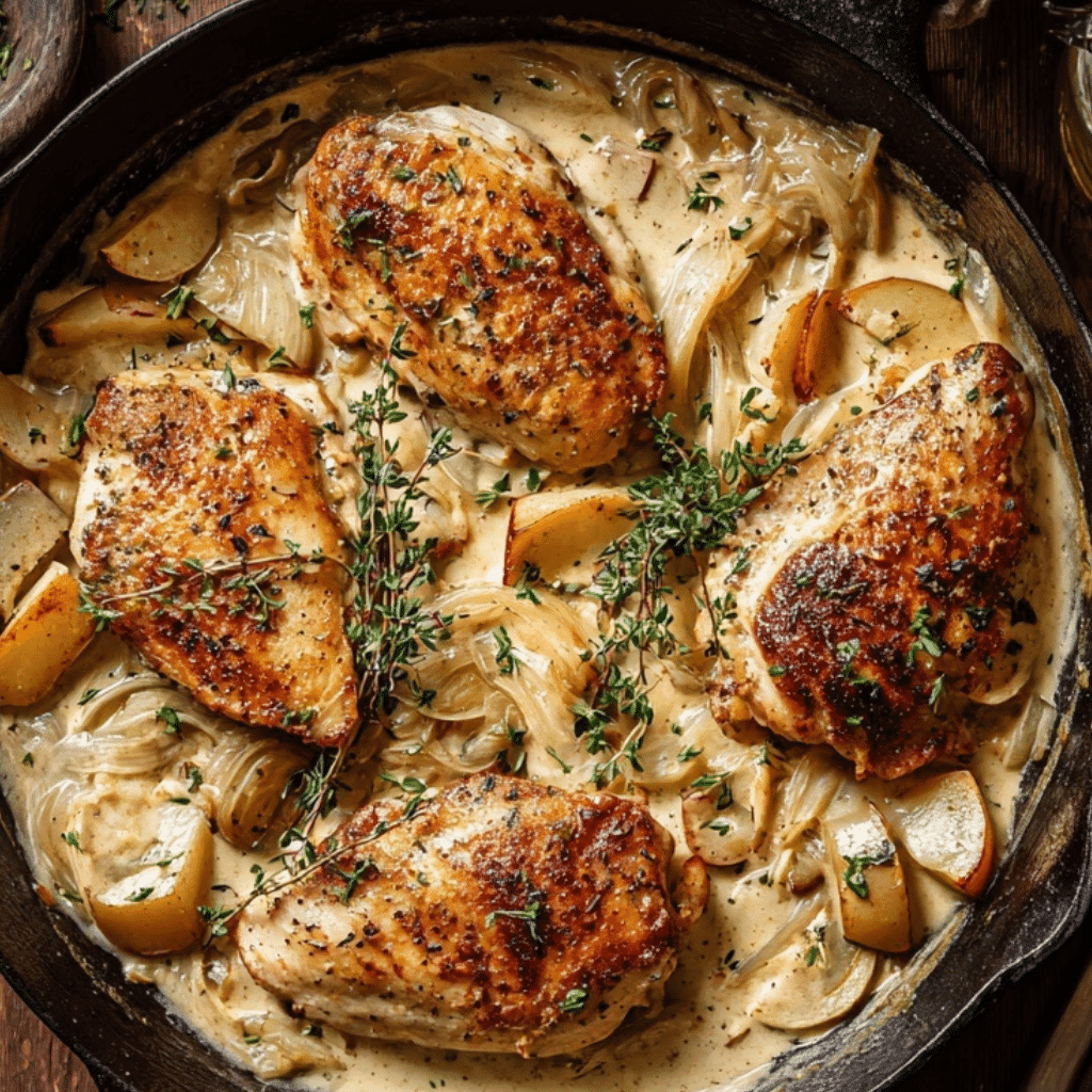Creamy Apple Cider Chicken Skillet — A Cozy, Comforting Fall Recipe 8 plated creamy apple cider chicken with mashed potatoes and green beans