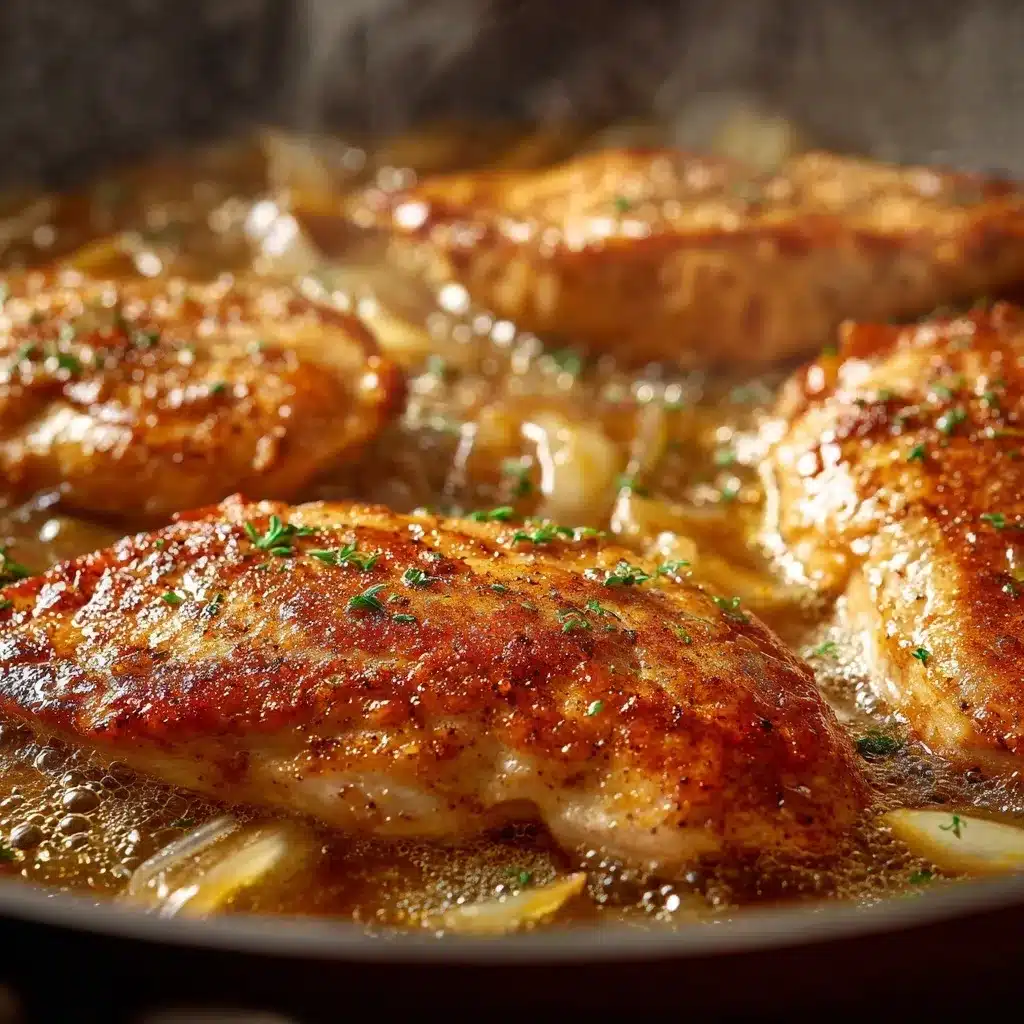Creamy Apple Cider Chicken Skillet — A Cozy, Comforting Fall Recipe 7 chicken breasts cooking in skillet with creamy apple cider sauce