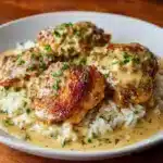 Close-up of the best smothered chicken and rice with creamy gravy, tender chicken thighs, and fluffy white rice garnished with fresh parsley.