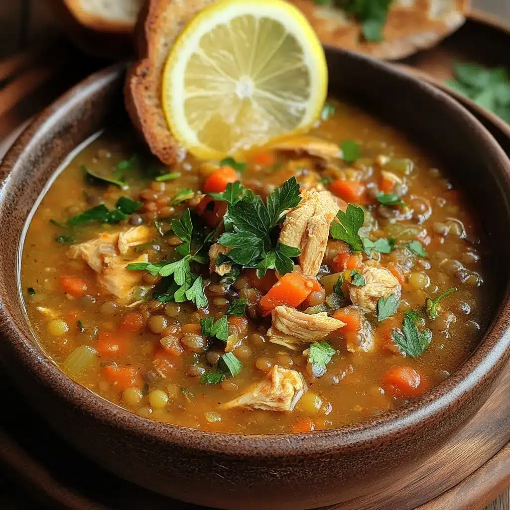 Chicken Lentil Soup served with bread and lemon
