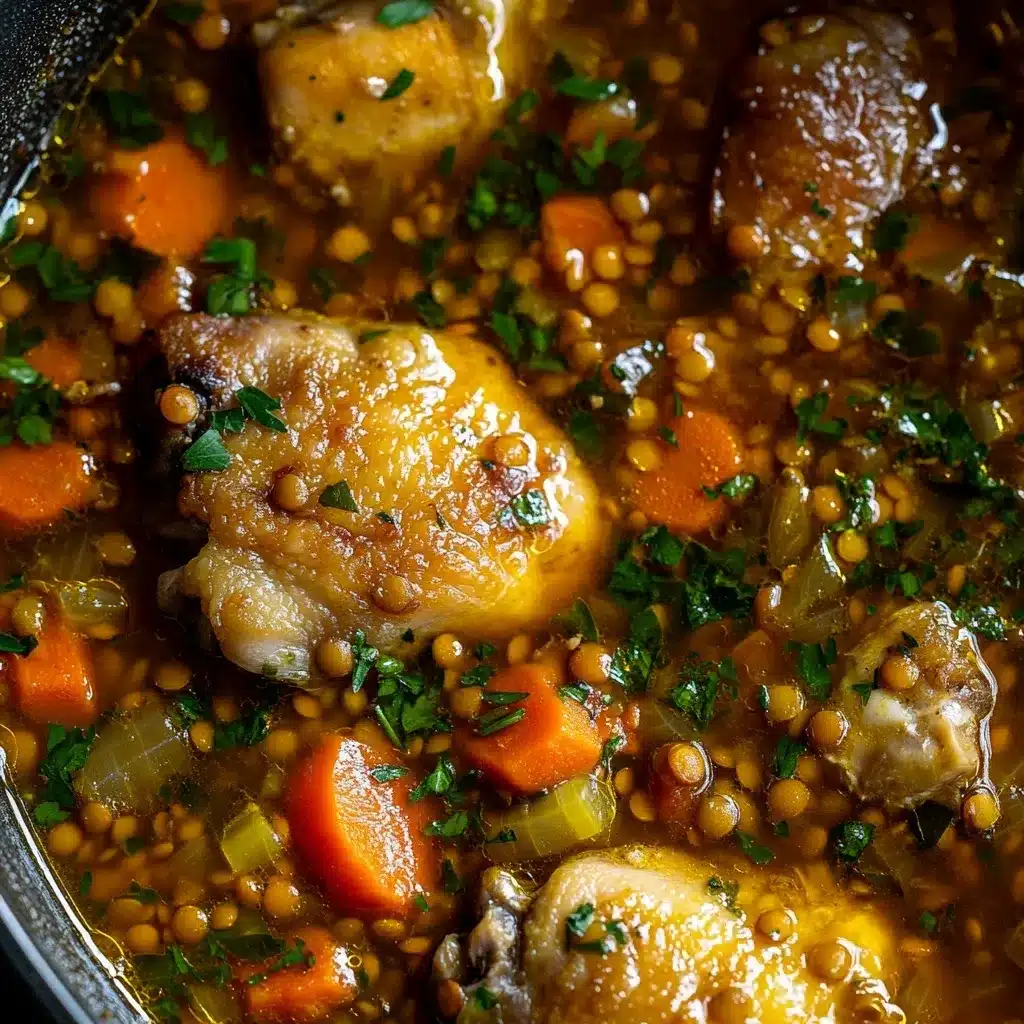 Chicken and lentils simmering in broth for soup