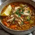 Chicken Lentil Soup in a rustic bowl with lemon and parsley