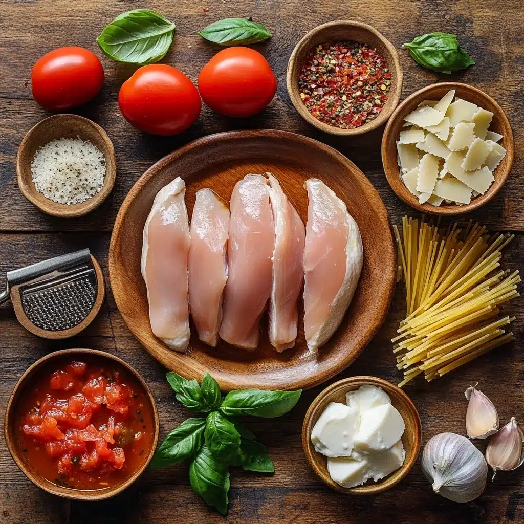 Ingredients for Chicken Parmesan Soup arranged on a kitchen counter