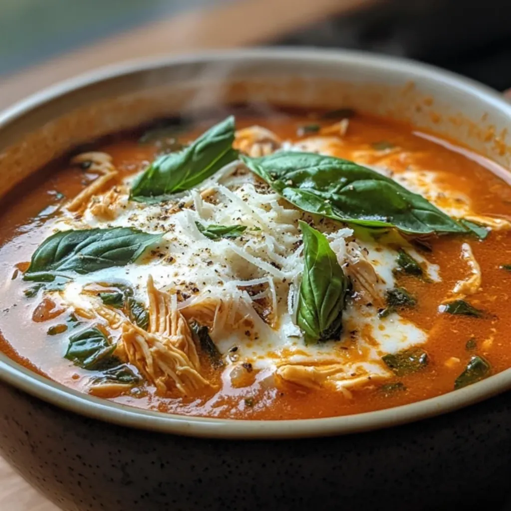 Chicken Parmesan Soup served with garlic bread and Parmesan