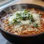 Chicken Parmesan Soup served with Parmesan and basil in a white bowl