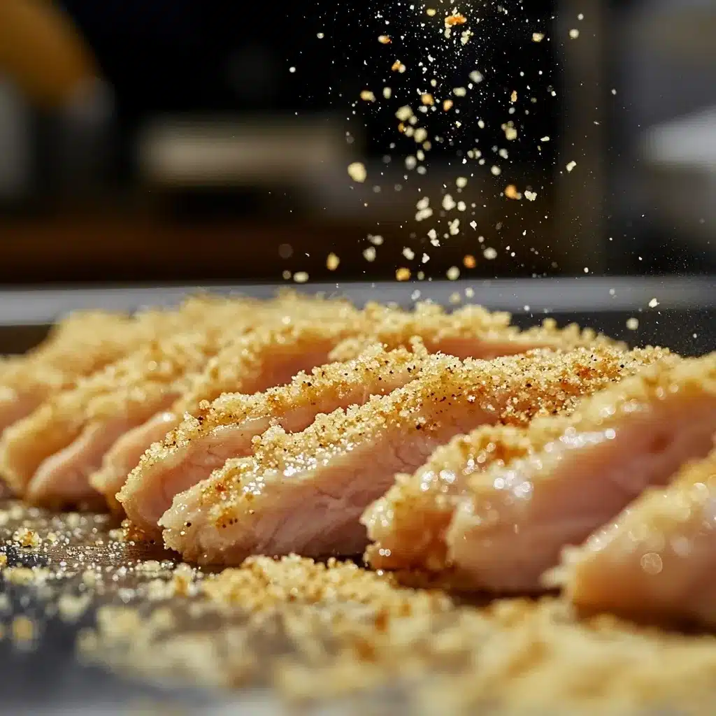 Chicken tenders coated in parmesan and breadcrumbs.