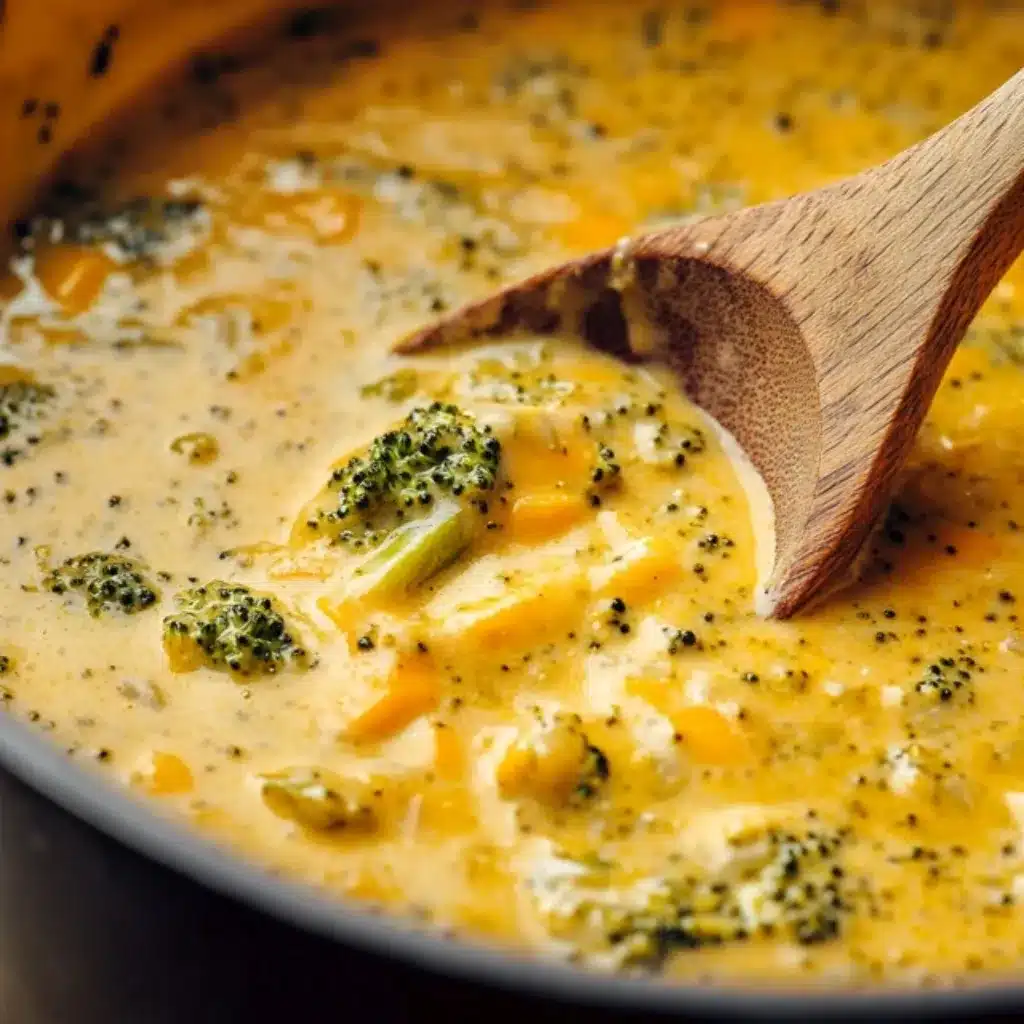 Cooking high protein broccoli cheddar soup in a pot