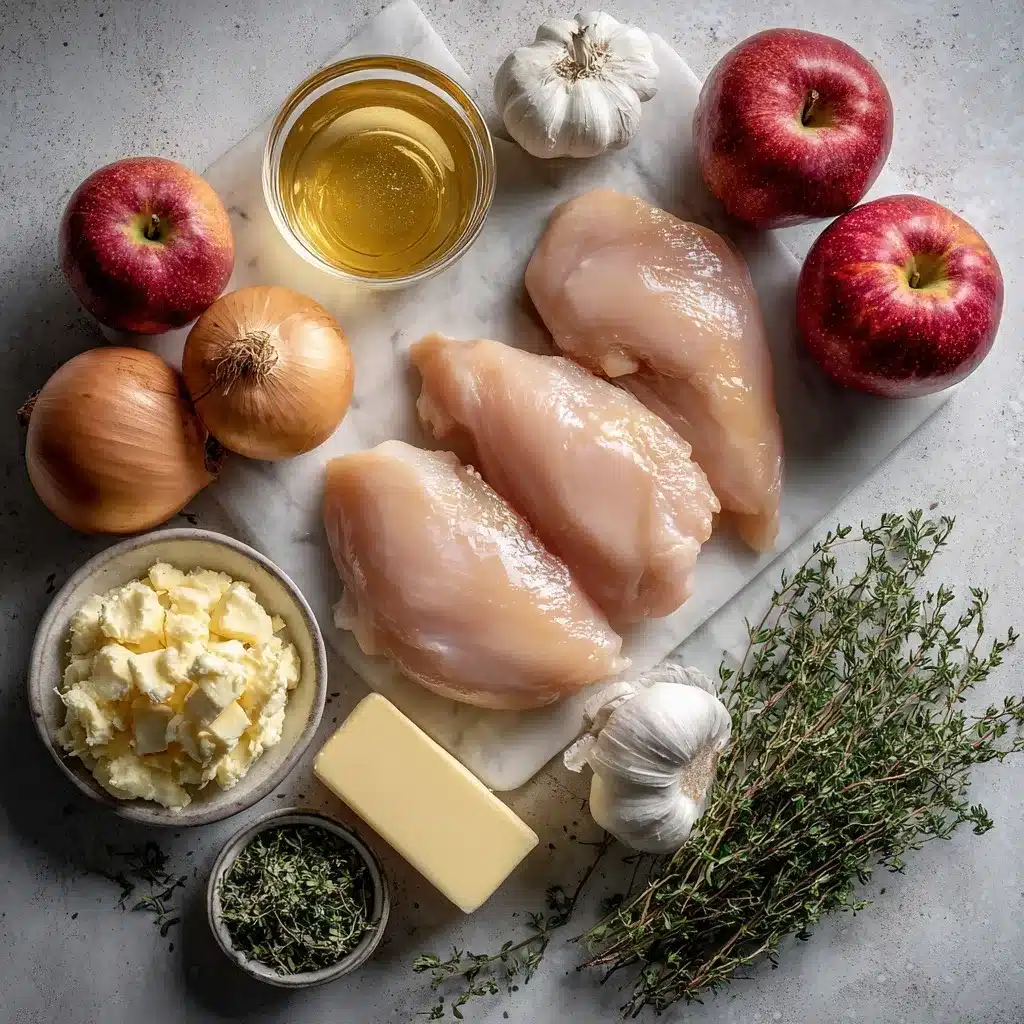 Creamy Apple Cider Chicken Skillet — A Cozy, Comforting Fall Recipe 6 ingredients for creamy apple cider chicken skillet on marble counter