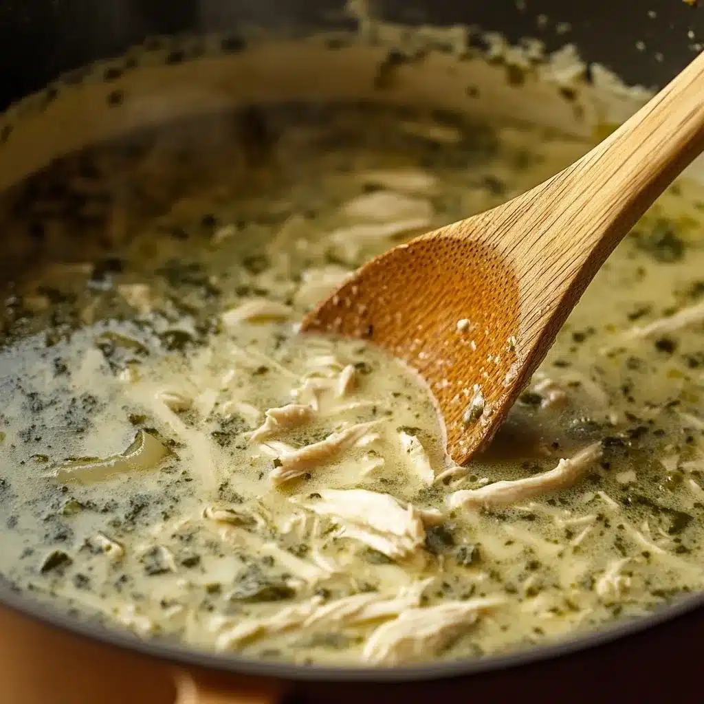 Creamy green enchiladas chicken soup cooking in a pot