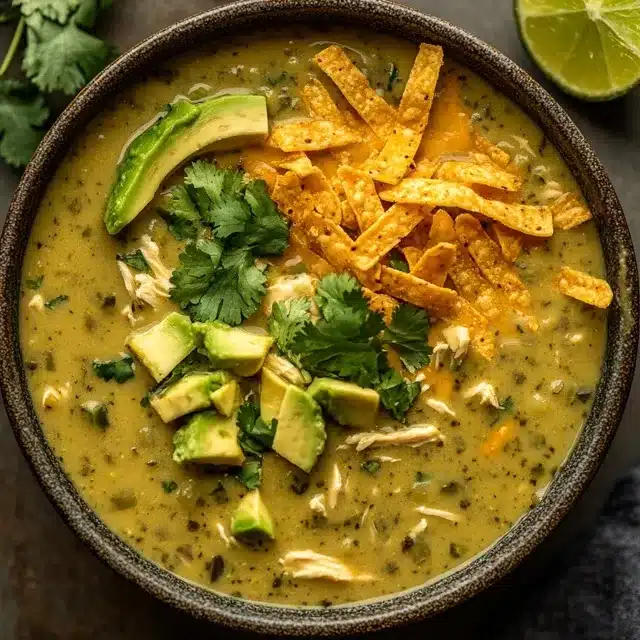 Creamy green enchiladas chicken soup topped with cilantro, avocado, and tortilla strips