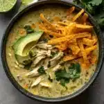 Creamy green enchiladas chicken soup served in a bowl with toppings for recipe card