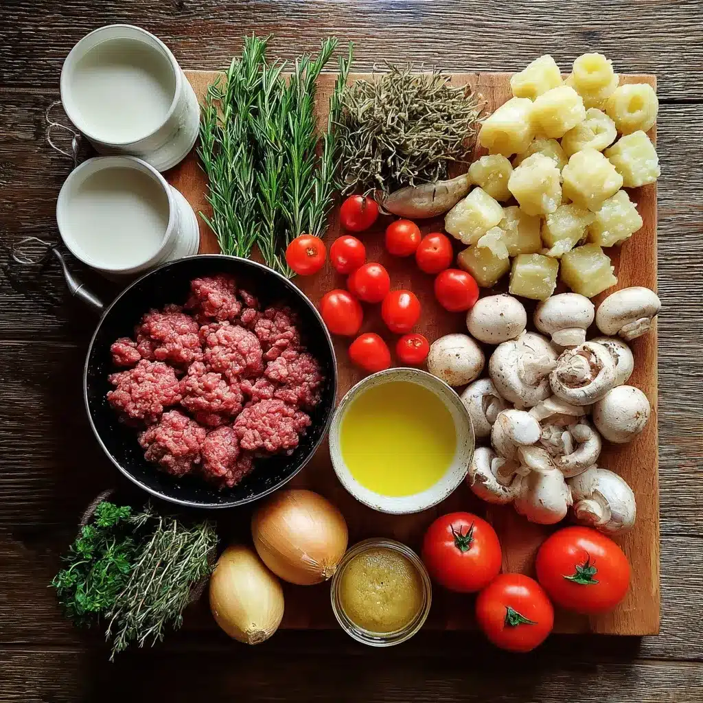 Creamy Italian Meatball Soup: The Ultimate Comfort Bowl for Cozy Nights 6 Ingredients for creamy Italian meatball soup arranged on a wooden table