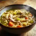 Bowl of homemade chicken noodle soup with egg noodles, chicken, and vegetables